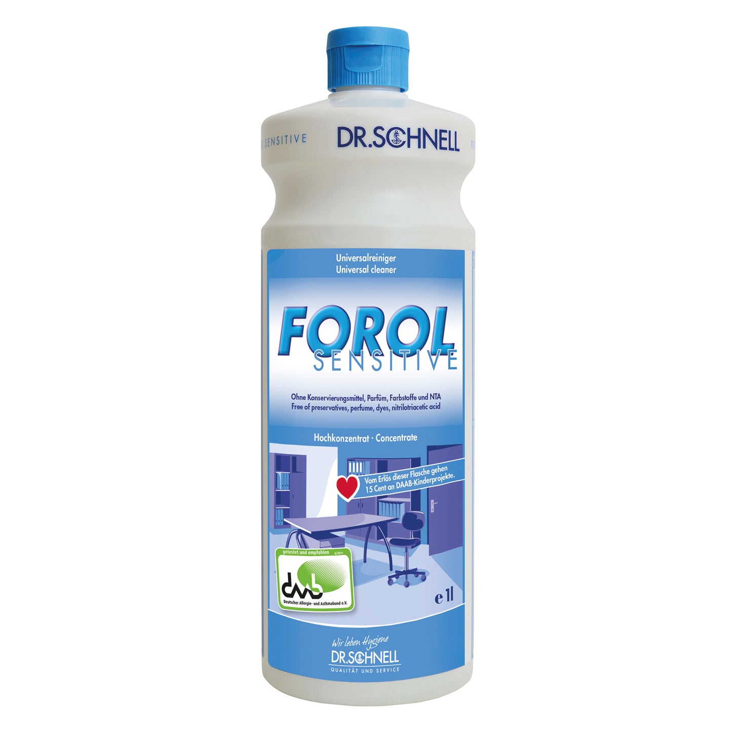 Dr. Schnell Forol Sensitive Nettoyant Universel, bouteille de 1 l de DR.SCHNELL GmbH & Co. KGaA, sans parfum ni colorant - idéal pour le nettoyage des surfaces de divers domaines.