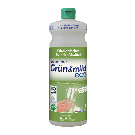 Dr. Schnell Le liquide vaisselle écologique GRÜN & MILD ECO, très économique, est disponible dans un flacon en plastique blanc et vert. L'étiquette représente une main en train de laver un verre à vin et comporte un texte en allemand qui met en avant ses avantages écologiques et ses propriétés respectueuses de la peau. Le flacon, fabriqué par DR.SCHNELL GmbH & Co. KGaA, est muni d'un bouchon vert certifié HACCP.
