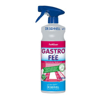 Op de afbeelding is een fles van 500 ml te zien Dr. Schnell GastroFee olie- en vetverwijderaar, gebruiksklaar, van DR.SCHNELL GmbH & Co. KGaA. Deze krachtige reiniger is ontworpen voor alkalibestendige oppervlakken en is voorzien van een blauwe spuitkop en een opvallend roze etiket, waardoor hij bij uitstek geschikt is voor gebruiksklare toepassingen in veeleisende omgevingen.