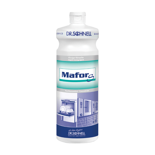 De Dr. Schnell MAFOR S, een zuurhoudend glansmiddel voor professionele vaatwassers, wordt door DR.SCHNELL GmbH & Co. KGaA geleverd in een witte fles met een blauwgroen etiket waarop onderaan een afbeelding van een vaatwasser staat. Dit sterk geconcentreerde product is gecertificeerd met het EU-milieukeurmerk.