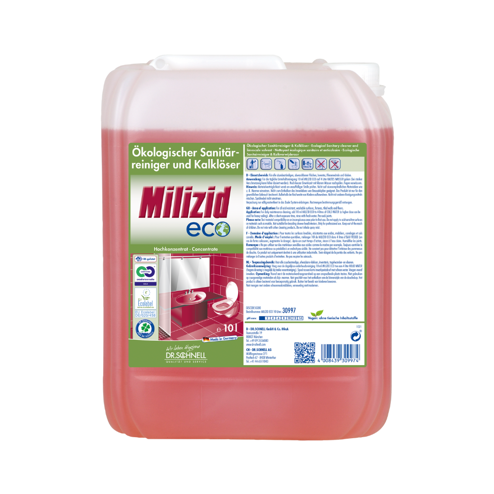Un grand conteneur du nettoyant sanitaire et détartrant Dr. Schnell Milizid ECO, fabriqué par DR.SCHNELL GmbH & Co. KGaA, porte le label écologique sur son étiquette. Ce produit écologique est décoré dans les couleurs vert et rouge, avec du texte allemand et une image de salle de bain, et est muni d'un bouchon blanc.