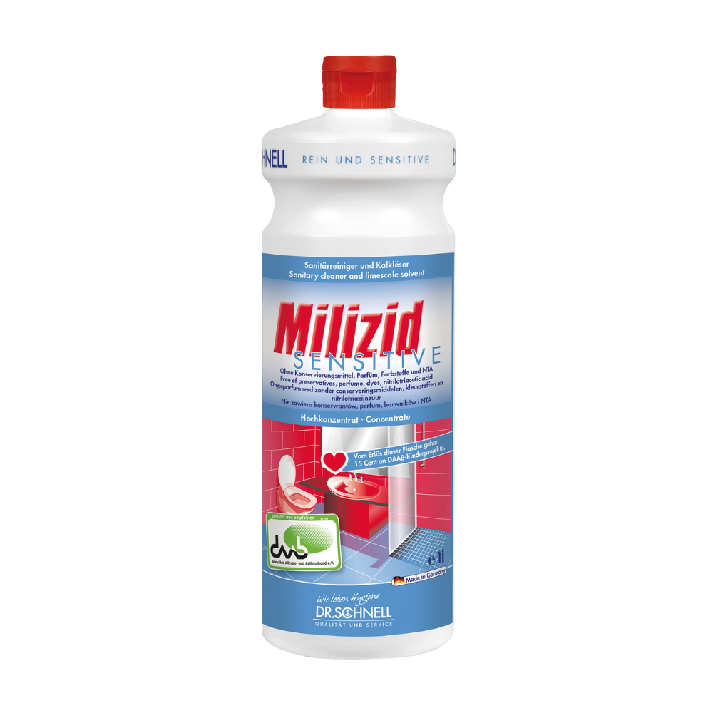 Une bouteille de Dr. Schnell Milizid Sensitive Nettoyant sanitaire et Détartrant avec bouchon rouge est spécialement conçue pour les surfaces résistantes aux acides. Sa fonction de nettoyant et détartrant pour les zones sensibles est mise en avant par des illustrations de toilettes et de douches sur l'étiquette. Le nom de la marque « DR.SCHNELL GmbH & Co. KGaA » est placé de manière proéminente en bas.