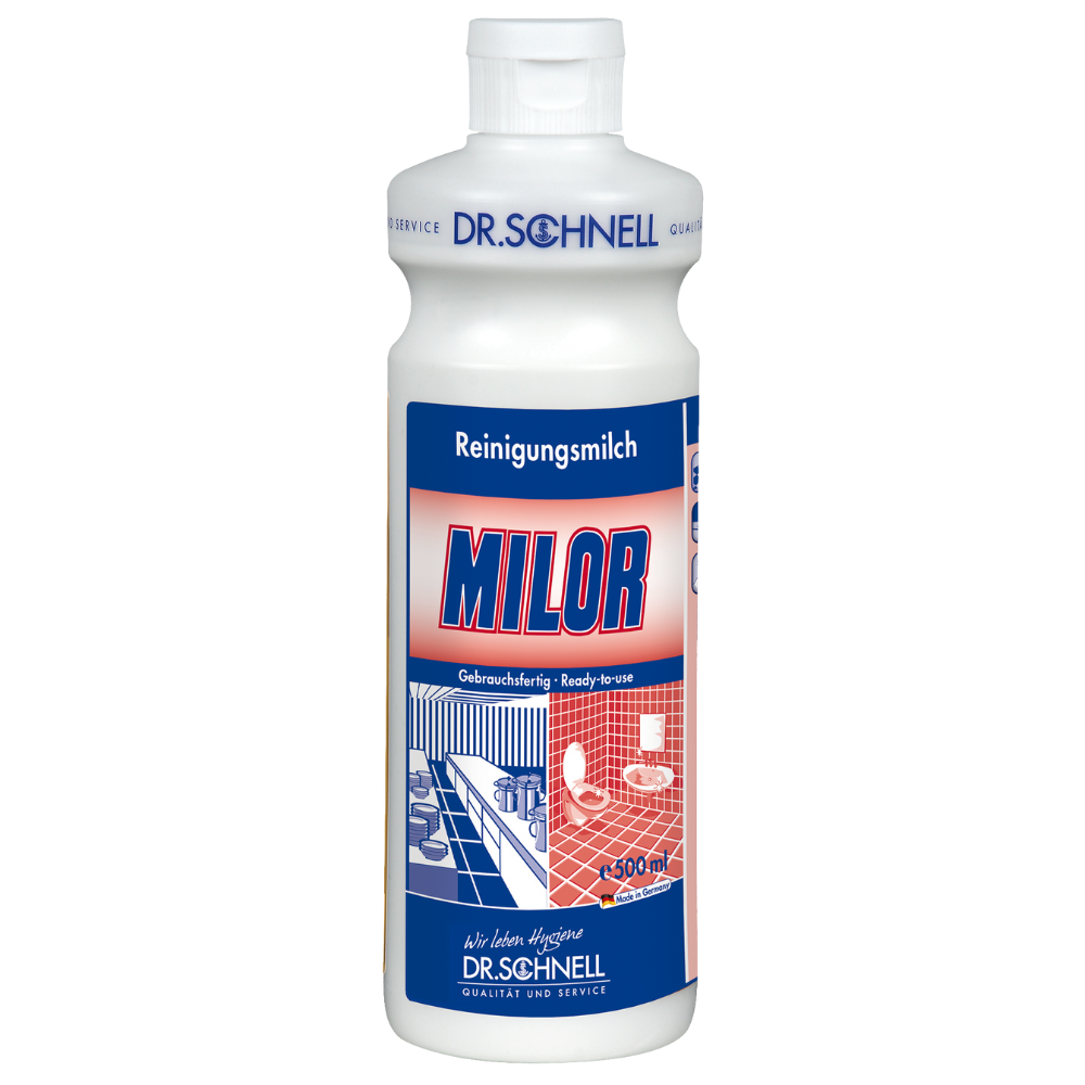 500 ml witte kunststof fles Dr. Schnell Milor reinigingsmelk (zuurvrij) van DR.SCHNELL GmbH & Co. KGaA, met een blauw/rood Duits etiket waarop tegels en een wastafel zijn afgebeeld; ideaal voor het verwijderen van kalkaanslag op waterbestendige oppervlakken.