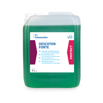 Een 5-liter container van doorzichtig kunststof met de desinfectieoplossing Dr. Schumacher Descoton Forte, instrumentendesinfectie 5 liter | jerrycan (5 l) van Dr. Schumacher GmbH voor desinfectie van medische instrumenten en endoscopen. Het etiket bevat tekst in meerdere talen en heeft rode en witte accenten. De container bevat een groene vloeistof en heeft een witte schroefdop.