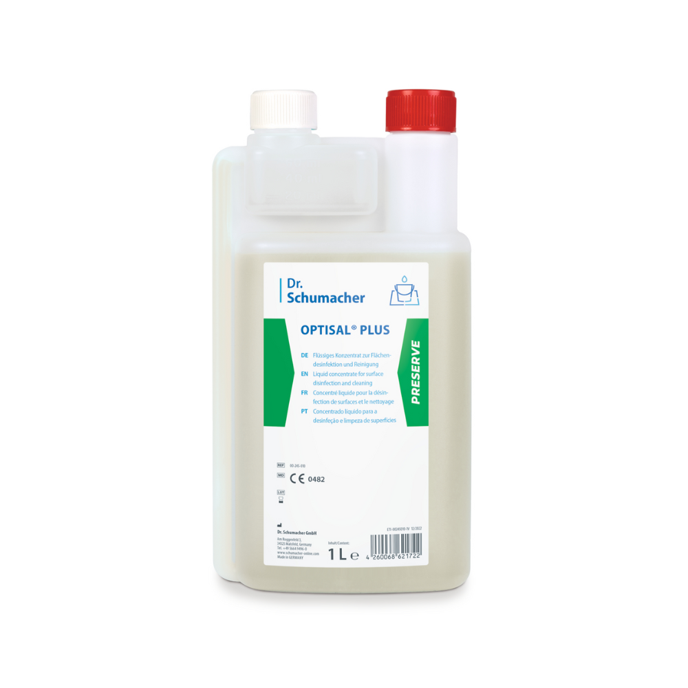 Een 1-literfles Dr. Schumacher Optisal® Plus desinfectiereiniger van Dr. Schumacher GmbH, een handdesinfectiemiddel. De fles heeft een witte body met een rood-witte dop en een groen etiket met gebruiksaanwijzingen, verschillende certificeringen en de geschiktheid voor gebruik met medische producten.