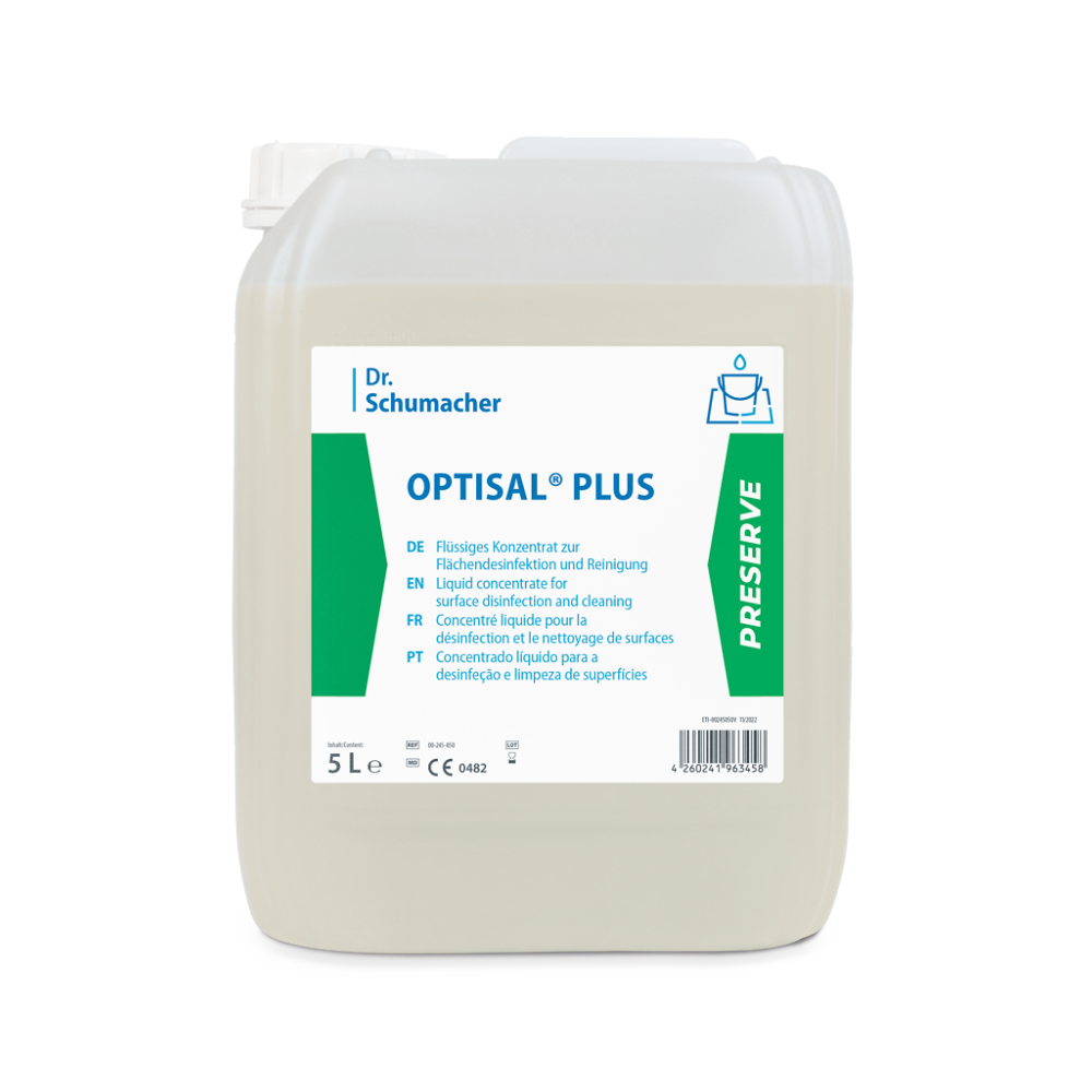 Een witte 5-litercontainer met Dr. Schumacher Optisal® Plus desinfectiereiniger van Dr. Schumacher GmbH. Het etiket aan de voorkant bevat meertalige tekst en geeft aan dat het een vloeibaar concentraat is voor oppervlakte-desinfectie en -reiniging. Een groene strook aan de rechterkant wijst op 'PRESERVE'.