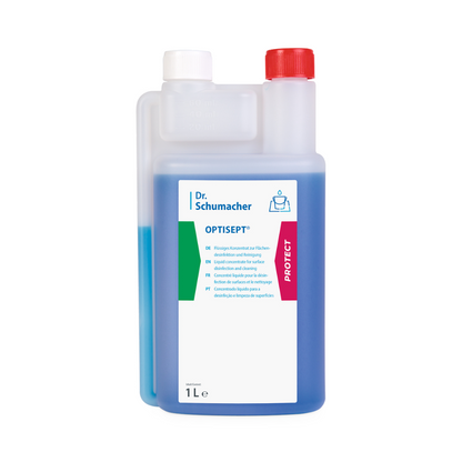 Une bouteille de 1 litre de nettoyant désinfectant concentré Dr. Schumacher GmbH OPTISEPT® avec chambre de mesure, liquide bleu, bouchon rouge et blanc et étiquette multilingue blanche.