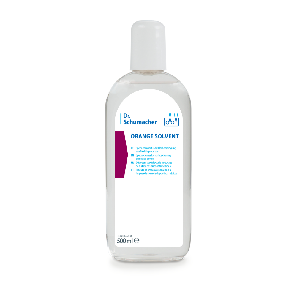 Une bouteille transparente de 500 ml de Dr. Schumacher GmbH ORANGE SOLVENT nettoyant pour instruments avec bouchon blanc et étiquette bleu-blanc, pour l'élimination de la colle et le nettoyage des instruments, présentée sur fond blanc.