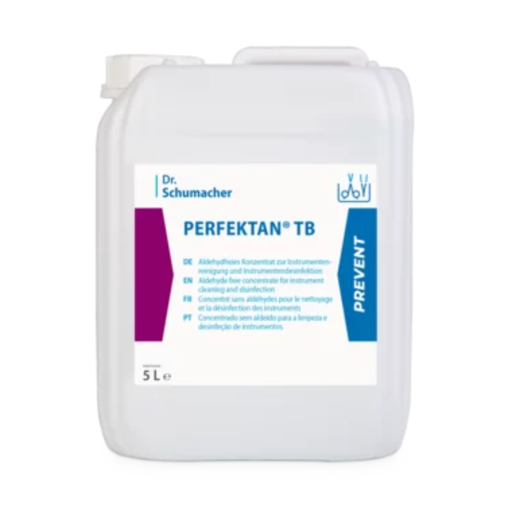 Un conteneur blanc de 5 litres avec le désinfectant pour instruments Dr. Schumacher PERFEKTAN TB de Dr. Schumacher GmbH. L'étiquette contient un texte multilingue et indique qu'il s'agit d'une solution concentrée pour le nettoyage et la désinfection des instruments, qui est respectueuse des matériaux et offre une efficacité antimicrobienne. Le conteneur a une petite poignée en haut.
