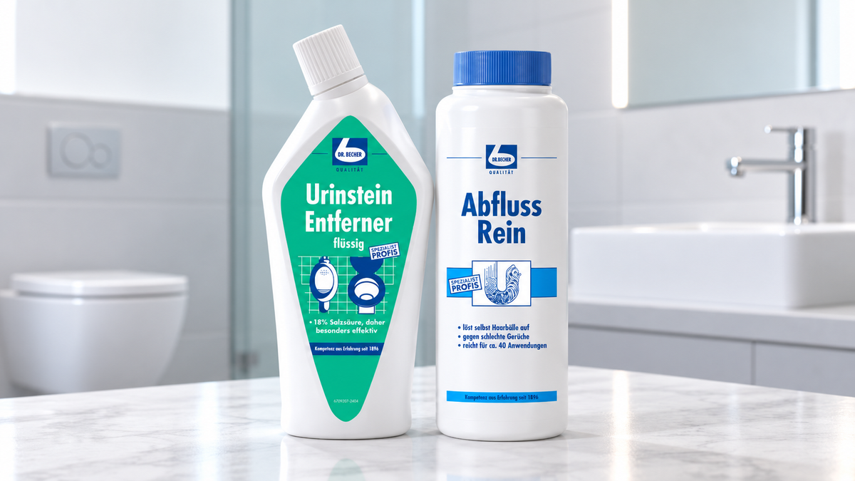 Dr. Becher Urinstein Entferner und Abfluss Rein auf einem Waschtisch im Bad