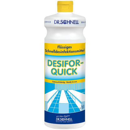 Een 1 liter Dr. Schnell DESIFOR-QUICK oppervlaktedesinfectie van DR.SCHNELL GmbH & Co. KGaA, met gele dop, blauw-geel etiket en een schone witte tegelvloer afbeelding - ideaal voor hygiënisch gevoelige gebieden.