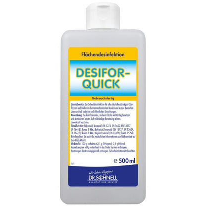 Een fles van 500 ml Dr. Schnell DESIFOR-QUICK oppervlaktedesinfectie van DR.SCHNELL GmbH & Co. KGaA, met witte dop en geel-blauw etiket in het Duits, ideaal voor hygiënisch gevoelige omgevingen.