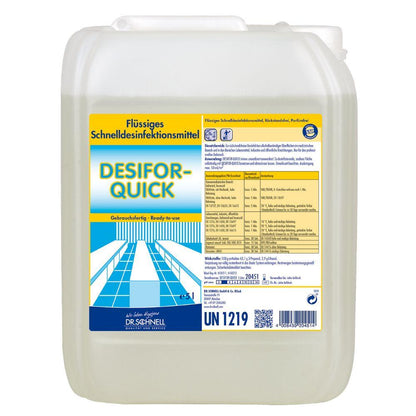 Een 5-liter container Dr. Schnell DESIFOR-QUICK oppervlaktedesinfectie van DR.SCHNELL GmbH & Co. KGaA, met blauw-geel etiket en Duitse gebruiksaanwijzing, ideaal voor oppervlaktedesinfectie in gevoelige omgevingen.