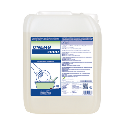 Un grand récipient en plastique blanc avec Dr. Schnell ONEMÜ 2000 nettoyant universel et liquide vaisselle de DR.SCHNELL GmbH & Co. KGaA, avec une étiquette bleu-vert avec instructions, logo et une illustration pour le lavage à la main d'une assiette. La formule biodégradable assure un nettoyage respectueux de l'environnement.