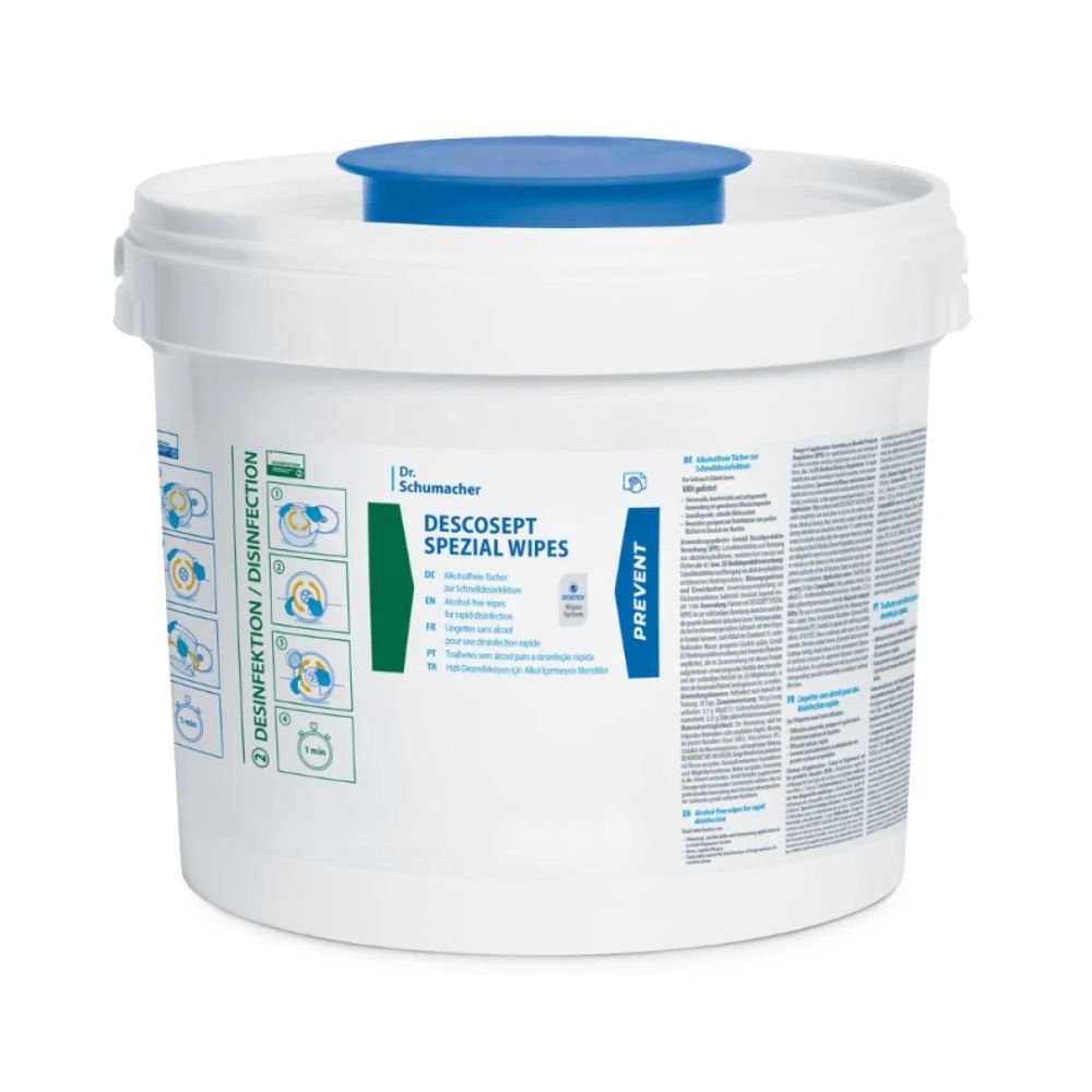 Een witte kunststofcontainer met het opschrift "Dr. Schumacher DESCOSEPT SPEZIAL WIPES Desinfectiedoekjes" met blauwe en groene tekst en afbeeldingen, gecategoriseerd onder medische producten, biedt aan de zijkant instructies en veiligheidsinformatie. Het deksel is wit met een blauwe bovenkant, ideaal voor het bewaren van deze doekjes van Dr. Schumacher GmbH.