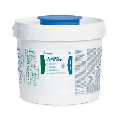 Een witte kunststofcontainer met het opschrift "Dr. Schumacher DESCOSEPT SPEZIAL WIPES Desinfectiedoekjes" met blauwe en groene tekst en afbeeldingen, gecategoriseerd onder medische producten, biedt aan de zijkant instructies en veiligheidsinformatie. Het deksel is wit met een blauwe bovenkant, ideaal voor het bewaren van deze doekjes van Dr. Schumacher GmbH.