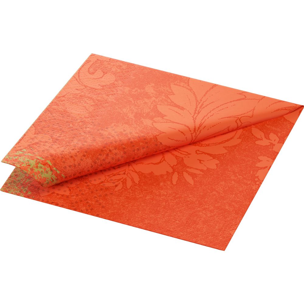 Un papier décoratif orange partiellement plié, ressemblant aux serviettes en papier 33 x 33 cm à 3 plis 1/4 pli de Duni GmbH, présente un motif floral subtil. La surface légèrement brillante et le design complexe contribuent à son effet écologique.