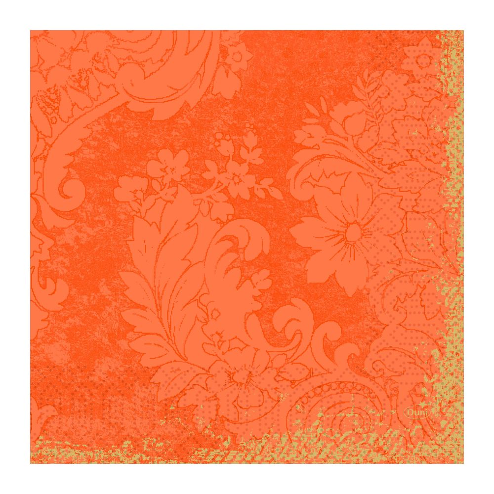 Une image carrée orange avec un motif floral orné artistique, rappelant les serviettes en papier 33 x 33 cm à 3 plis 1/4 pli de Duni GmbH, montre de grandes fleurs et des feuilles tourbillonnantes pour un aspect vintage texturé.