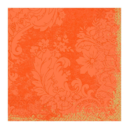 Une image carrée orange avec un motif floral orné artistique, rappelant les serviettes en papier 33 x 33 cm à 3 plis 1/4 pli de Duni GmbH, montre de grandes fleurs et des feuilles tourbillonnantes pour un aspect vintage texturé.