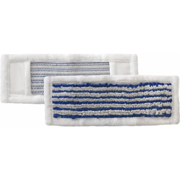 Twee rechthoekige Arcora HOSPITAL HYGIENE PLUS MOP 40 cm inlagen van Arcora International GmbH: één heeft een blauw-grijs gestreept microvezeloppervlak met witte rand, de andere toont aan de achterkant de effen grijze netstructuur.