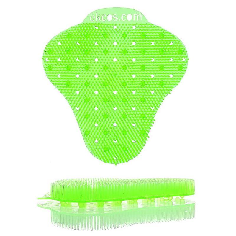 Le tapis urinoir Ekcos Ekcoscreen vert vif - 60+ jours de Diversey Deutschland GmbH & Co. OHG dispose de poils, de trous uniformément répartis pour un nettoyage hygiénique et de l'inscription "ekcos.com" sur le dessus. Illustré en vue de face et de côté.