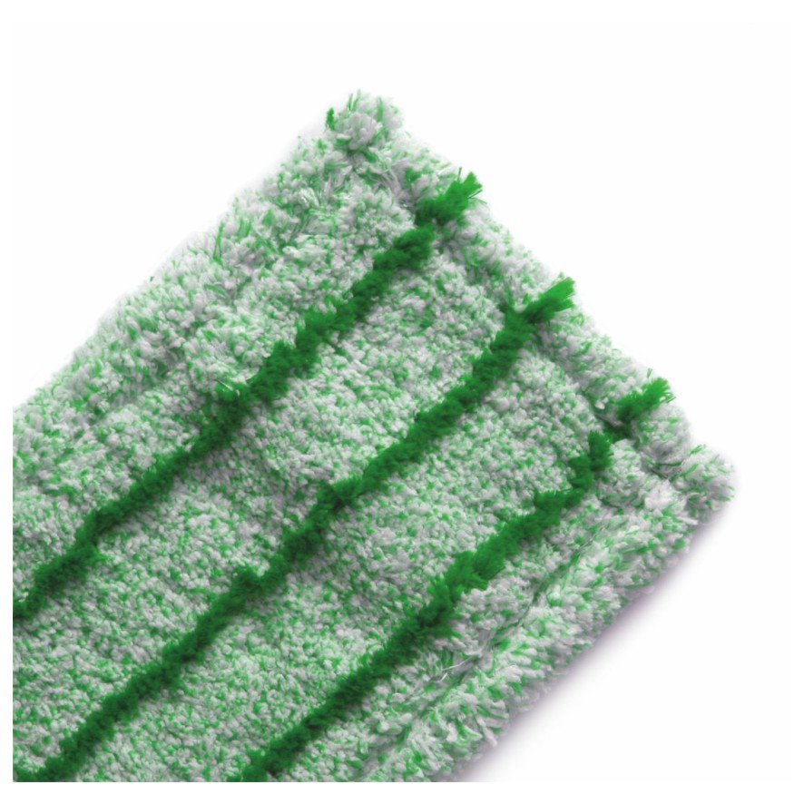 Close-up van de Arcora RUNNER GREEN DB - FC MET DEKBLAD van Arcora International GmbH: een groen-witte microvezel-mopdoek met drie verhoogde groene strepen van hoogwaardige materialen op een witte achtergrond - ideaal voor binnengebruik.
