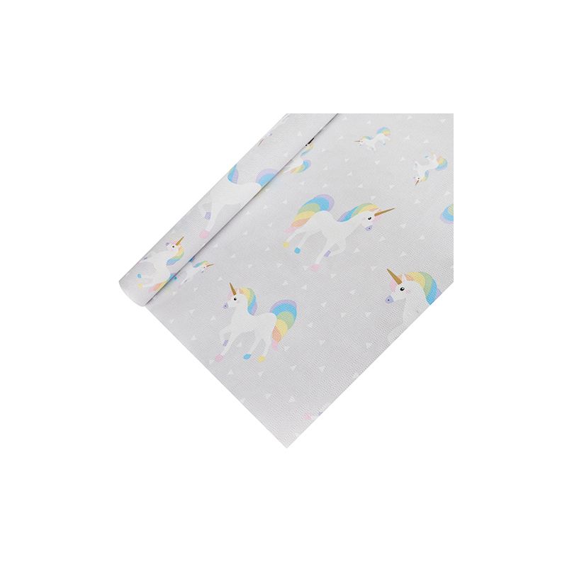 Ons lichtgrijze cadeaupapier, geïnspireerd door het eigenzinnige PAPSTAR tafellakenpapier van PAPSTAR GmbH, toont een betoverend patroon van eenhoorns met felgekleurde regenboogmanen en -staarten, versierd met kleine witte hartjes. Het is ideaal om een vleugje magie te verspreiden en tegelijkertijd tegen stof te beschermen.