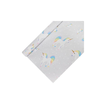 Ons lichtgrijze cadeaupapier, geïnspireerd door het eigenzinnige PAPSTAR tafellakenpapier van PAPSTAR GmbH, toont een betoverend patroon van eenhoorns met felgekleurde regenboogmanen en -staarten, versierd met kleine witte hartjes. Het is ideaal om een vleugje magie te verspreiden en tegelijkertijd tegen stof te beschermen.