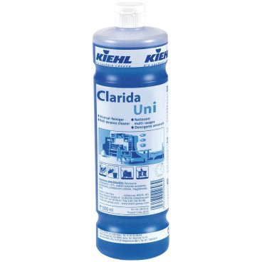 Een blauwe 1L-fles Kiehl Clarida Uni Onderhoudsreiniger 6x1L - Effectief & Materiaalvriendelijk van Johannes Kiehl KG, een neutrale allesreiniger, met witte dop en etiket met productinformatie en reinigingsinstructies.