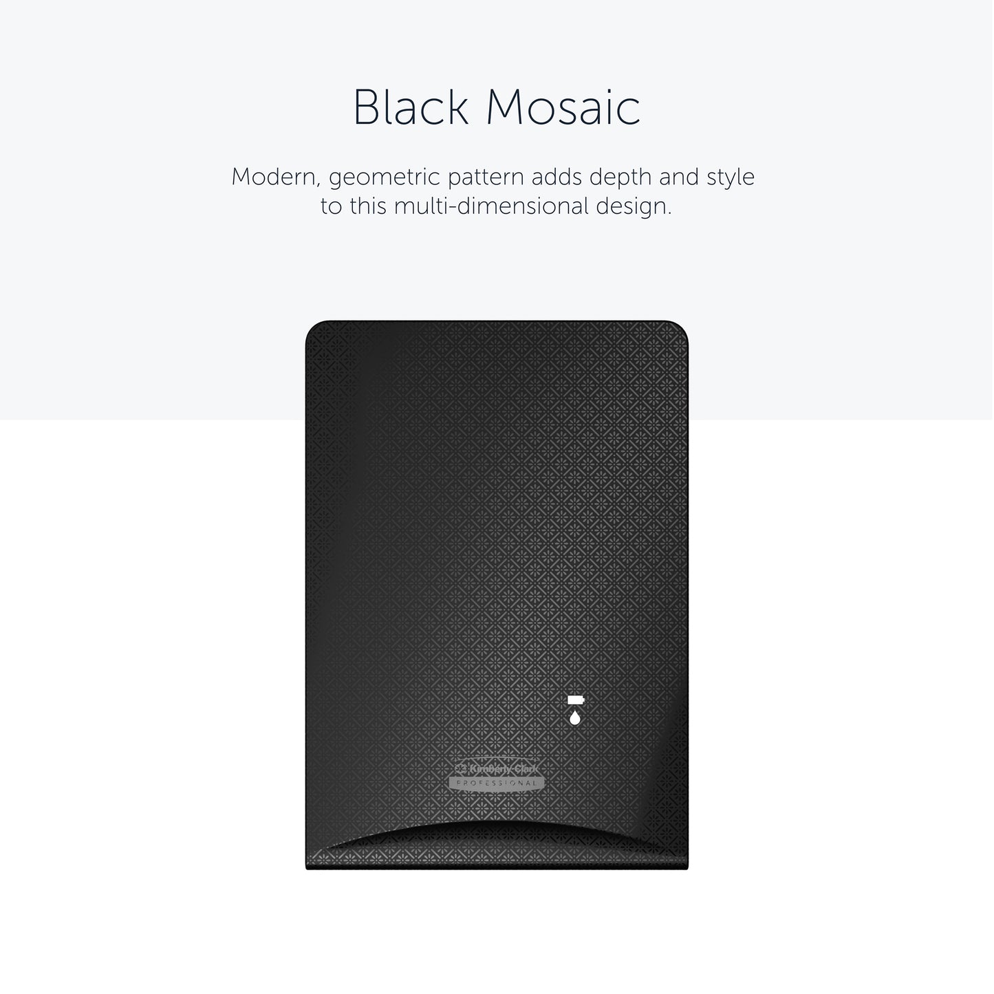 Die Kimberly-Clark Professional™ Icon™ Dispenser Faceplate, Black Mosaic, von Kimberly-Clark GmbH zeichnet sich durch ein modernes geometrisches Mosaikdesign aus, das jedem Waschraum Tiefe verleiht. Größe: 20,32 cm x 27,30 cm x 3,81 cm.