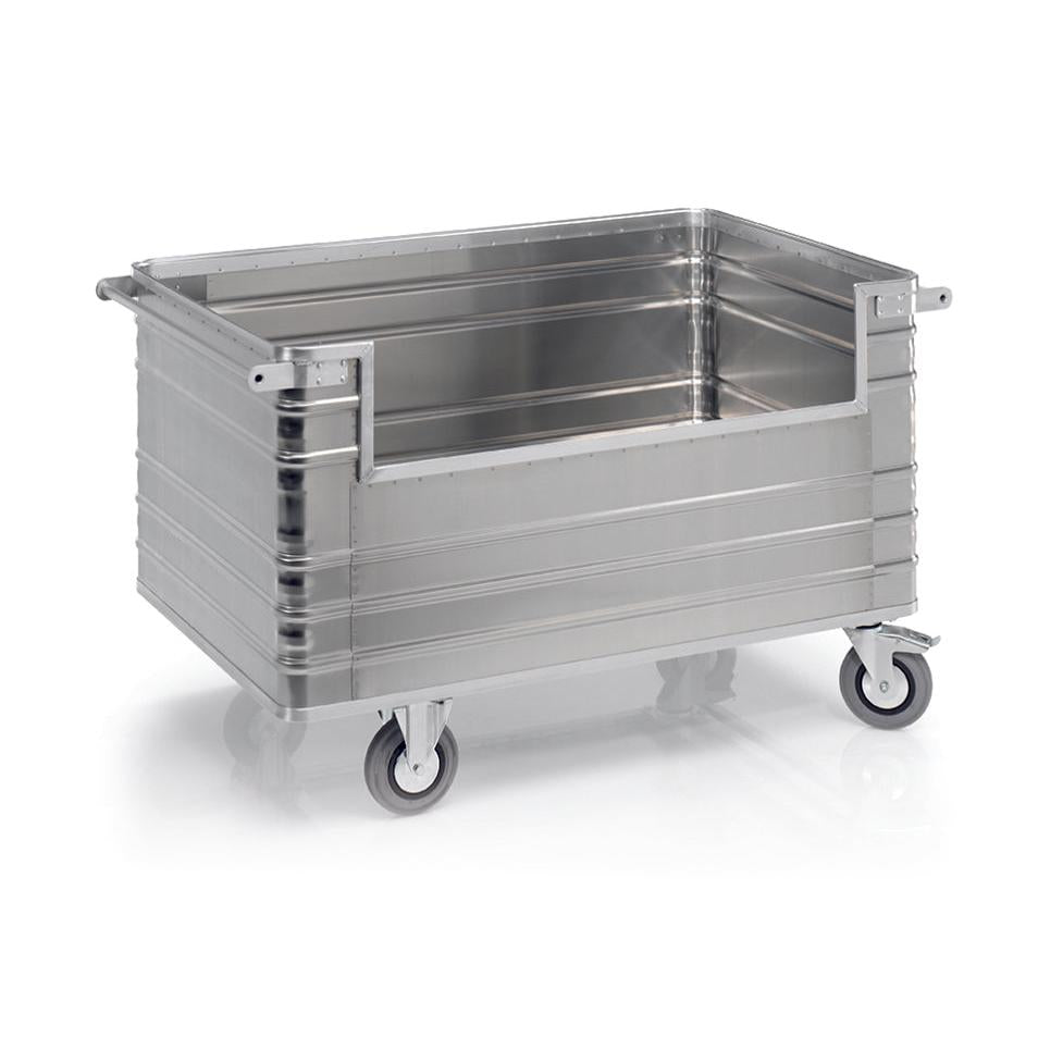 Le conteneur de transport Novocal avec découpe latérale de Novocal est un grand conteneur rectangulaire en matériau A avec des côtés nervurés, une plaque frontale ouverte et quatre roulettes pivotantes. Livré en une seule pièce (1 pièce).