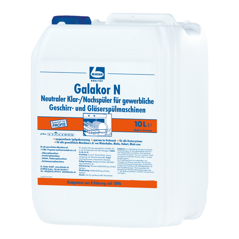 Een 10-liter jerrycan van wit kunststof met Dr. Becher Galakor N Klar-/Naspelmiddel voor commerciële vaat- en glaswasmachines. Het etiket in het Duits met blauwe en oranje letters bevat toepassingsinstructies en productinformatie. Merk: Dr. Becher GmbH.