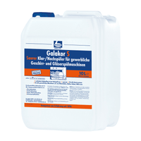 10-liter-jerrycan van wit kunststof met Dr. Becher Galakor S Glans-/spoelmiddel voor professionele vaatwassers en glazenwassers van de Dr. Becher GmbH, met een blauw en oranje etiketontwerp en een handvat aan de bovenkant.
