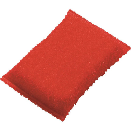 Le Haug Bürsten L'éponge abrasive KG, petite, en PP, dure (130 x 85 x 30 mm) est une éponge de cuisine rouge de forme rectangulaire dotée d'une surface texturée, fabriquée en polypropylène pour un nettoyage efficace. Bords légèrement arrondis ; non utilisée ; sur sa carte de vente.