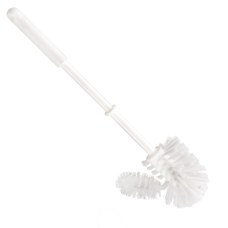 De Haug Bürsten KG WC-RANDREINIGERBORSTEL, KLEIN heeft stijve 0,35 mm borstelharen, een gebogen kop en een lange witte PP-steel (365xø75mm), die geïsoleerd op een witte achtergrond is afgebeeld.
