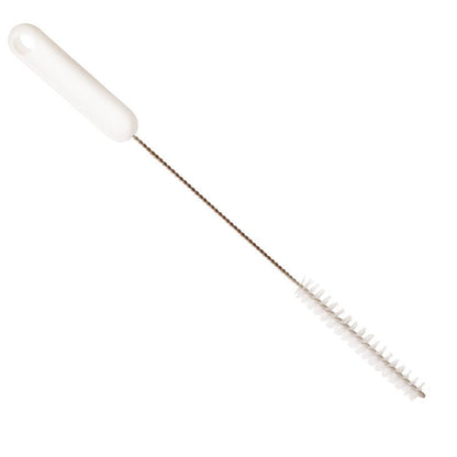 La Haug Bürsten KG BROSSE À TUBES, PBT DUR, 305xØ15x80mm a une poignée blanche, une longue tige métallique et des poils cylindriques rigides - idéal pour le nettoyage d'objets étroits comme les bouteilles ou le nettoyage de tuyaux.