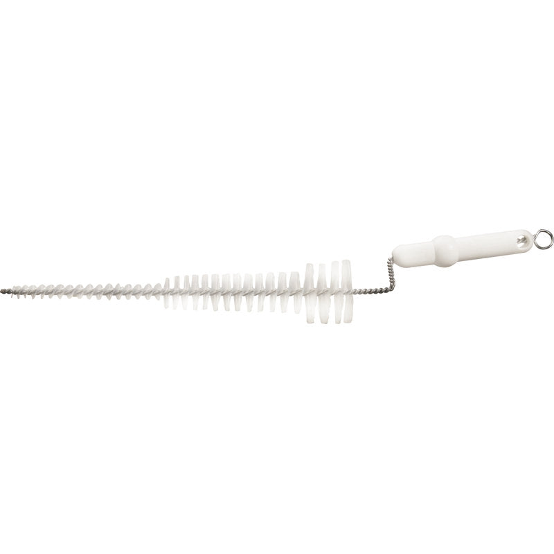 De Haug Bürsten KG speenborstel met PBT-borstelharen (ø 0,35 mm) en een lange, gedraaide roestvrijstalen steel (500xø10-56M) is ideaal voor het reinigen van smalle containers of slangen in de melkproductie.