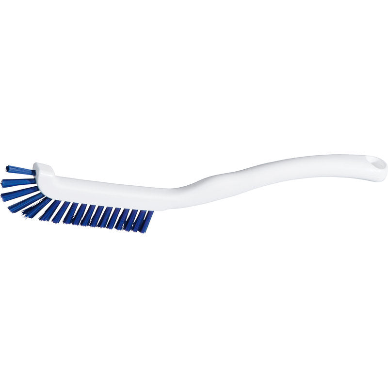 Die Haug Bürsten KG TASTATURBÜRSTE verfügt über weiche blaue PBT-Borsten (ø0,25 mm) und einen weißen, gebogenen Griff mit Aufhängeloch; ideal zum Schrubben von Tastaturen. Abmessungen: 220x15x19mm. Abgebildet auf weißem Hintergrund.