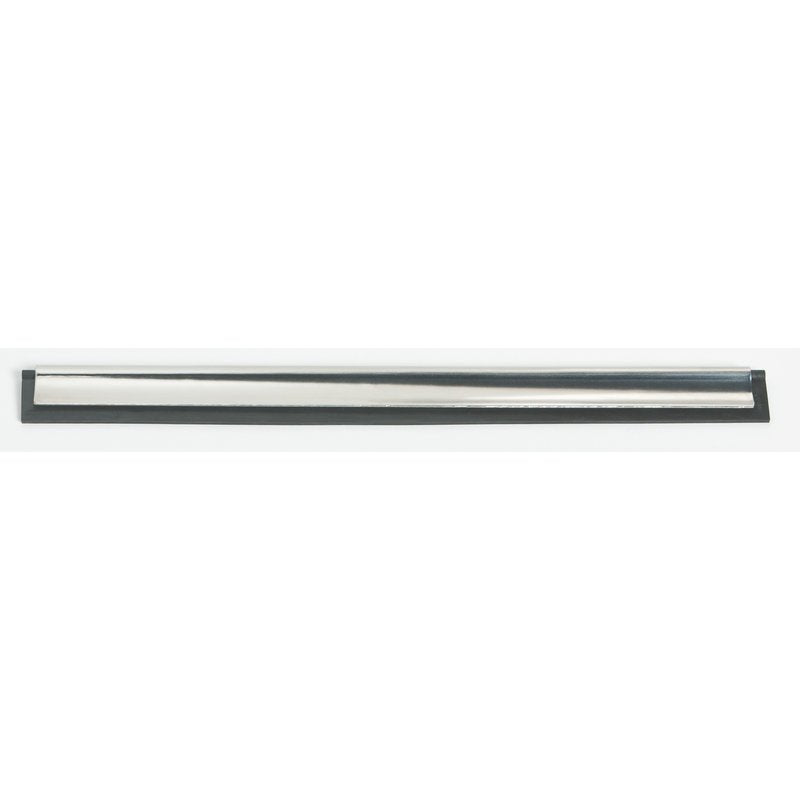 La Haug Bürsten KG BARRE DE RACLETTE, 250MM, ACIER INOXYDABLE, CAOUTCHOUC, POUR #8500 a un corps en acier inoxydable avec un bord en caoutchouc noir et repose horizontalement sur un fond blanc - parfait pour un nettoyage sans traces.