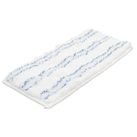 Dat Haug Bürsten KG PAD ZACHT/SCHUREND, 260 x 130 mm, voor #8616 en #8617, is een rechthoekig wit microvezel-mopp-pad met blauwe strepen – ideaal voor het reinigen en polijsten.