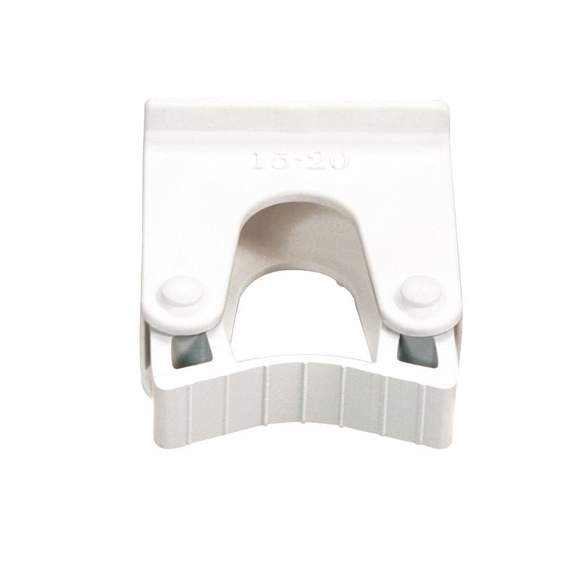 Een witte kunststof VERVANGINGSSTEELHOUDER 15-20MM (60x35x73mm) van Haug Bürsten KG, voor art. 8699; met rechthoekig bovendeel, gebogen snijgedeelte en "15-20"-maatmarkeringen, compatibel met buizen voor eenvoudige vervanging.