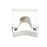 Un SUPPORT DE MANCHE DE RECHANGE en plastique blanc 15-20 mm (60 x 35 x 73 mm) de Haug Bürsten KG, pour la référence 8699 ; avec partie supérieure rectangulaire, lame courbée et repères de taille « 15-20 », compatible avec les tubes pour un remplacement aisé.