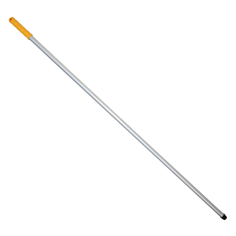 Der ALUSTIEL, 1400mm Außen ø 22mm, Wandstärke 1mm von Haug Bürsten KG ist ein Aluminiumstab mit silbernem Griff, gelbem Griff an einem Ende und schwarzer Kappe am anderen Ende, abgebildet auf weißem Hintergrund.