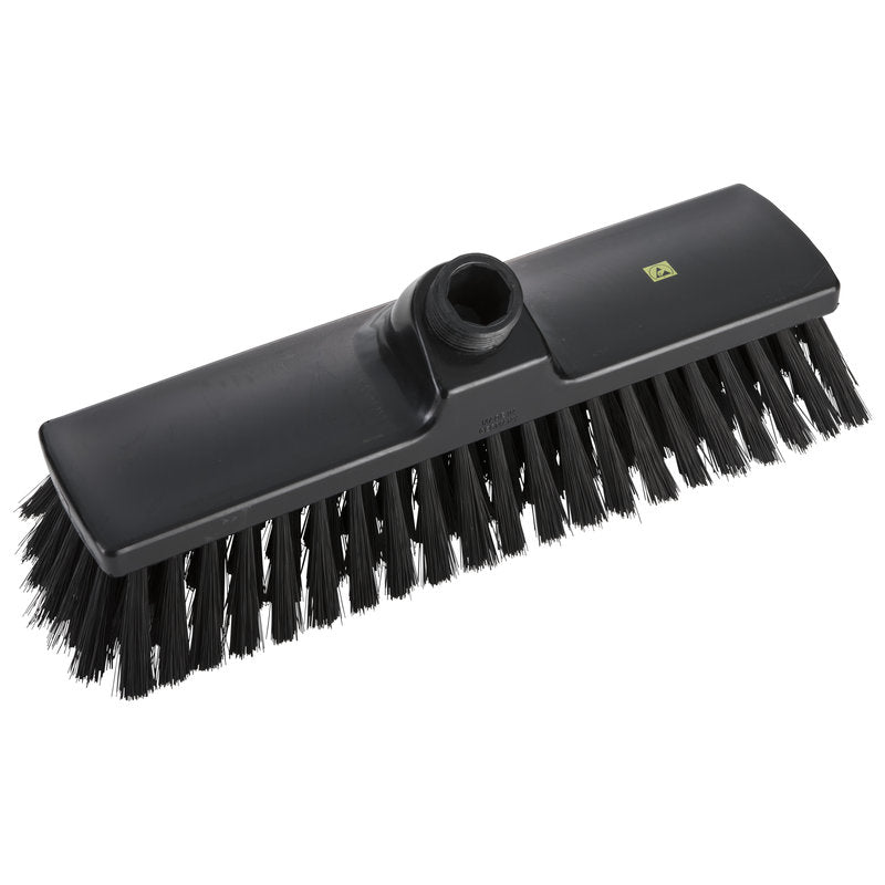 De ESD BEZEM, NYLON 6.0 ZWART ø0,30MM ZACHT,300X70X50MM van Haug Bürsten KG is een zwarte antistatische bezemkop met zachte nylon borstelharen en een steelhouder, ideaal voor het reinigen van gevoelige oppervlakken. Afgebeeld tegen een witte achtergrond.
