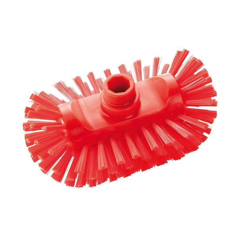 La brosse de chaudière Haug PBT Dur 200x125x105 mm de Haug Bürsten KG a des poils en plastique rigides, un trou fileté central pour la fixation du manche et est adaptée HACCP. Ici illustrée en rouge avec un motif de poils uniforme sur fond blanc.