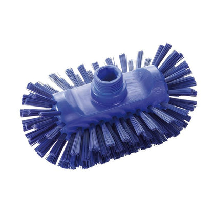 La Haug Bürsten KG brosse de chaudière PBT Dur 200x125x105 mm, illustrée en bleu, a des poils latéraux rigides et un trou fileté central pour la fixation du manche. Brosse de nettoyage hygiénique adaptée HACCP. Illustrée sur fond blanc.