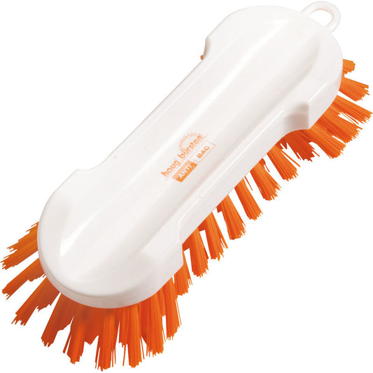 Die Haug Bürsten KG ANTI BAC WASCHBÜRSTE RUND PBT ORANGE, ø 0,50MM HART ist eine weiße Kunststoff-Reinigungsbürste mit steifen orangefarbenen Borsten auf beiden Seiten, einem ergonomisch gebogenen Griff und einem Aufhängeloch für eine einfache Handhabung.