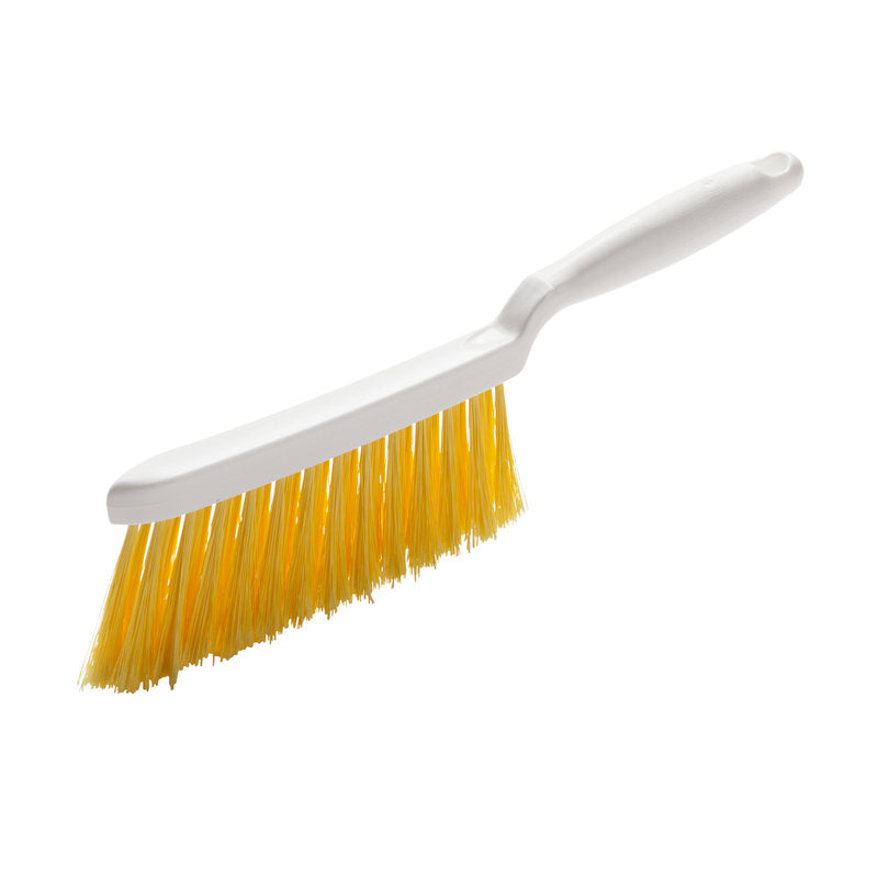 Ein HANDBESEN, PBT gelb ø 0,25mm weich (280x15x50 mm) der Haug Bürsten KG mit weißem Griff und gelben weichen Borsten ist schräg vor weißem Hintergrund abgebildet, wobei der Griff und die Borstenseite zu sehen sind.