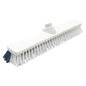 La tête de brosse DUO-BESEN de Haug Bürsten KG a des poils en polyester PBT rigides blancs et bleu foncé (ø 0,50/0,25 mm), mesure 400x60x45/50 mm et dispose d'un support supérieur pour une fixation facile du manche.