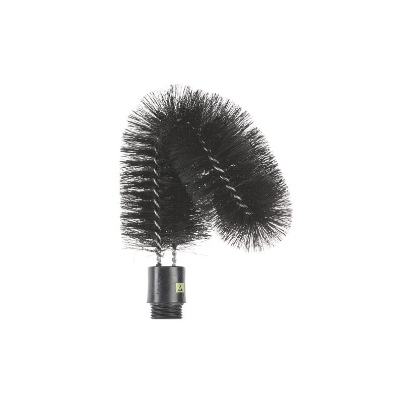 Een zwarte, flexibele, gedraaide ESD BUITENPIJPENBORSTEL van Haug Bürsten KG met dichte, antistatische nylonborstels (ø 0,30mm, zacht), kunststof schroefdraadvoet en gebogen vorm wordt getoond tegen een witte achtergrond. Afmetingen: 190xø65x70mm.
